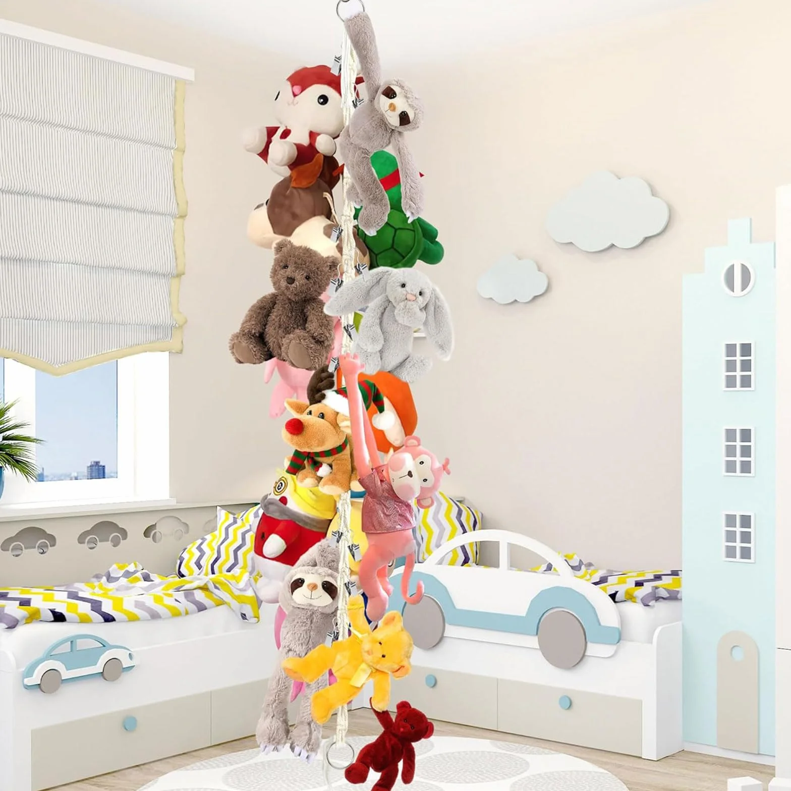 Mezrkuwr Soporte colgante para juguetes de peluche con 20 pinzas de metal, cadena organizadora de peluche, decoración para habitación infantil, para colgar sombreros, calcetines, tarjetas de Navidad