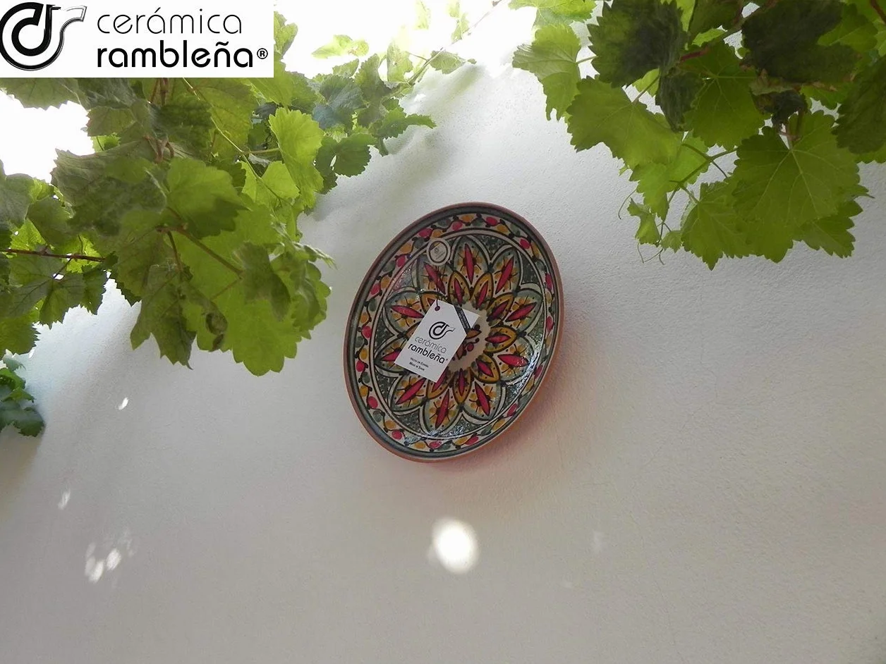 CERÁMICA RAMBLEÑA | Plato Decorativo para Colgar en Pared | Plato de cerámica | Rojo-Verde-Amarillo | 100% Hecho a Mano | 21x21x4 cm