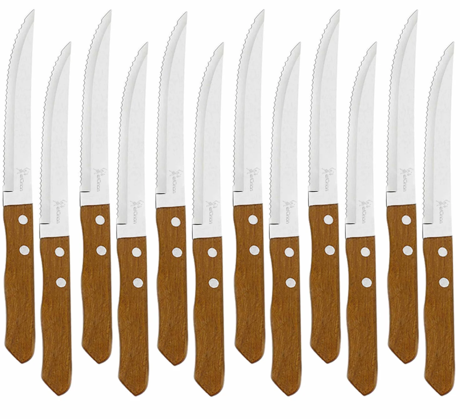 e!Orion Juego de 12 Cuchillos de mesa con mango de madera natural, Cuchillo de Carne Acero Inoxidable - Hoja de Sierra
