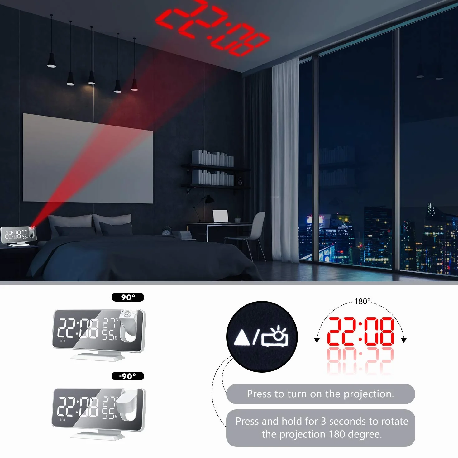 DollaTek Radio LED Projection Alarm Clock Digital Temperature Humidity White