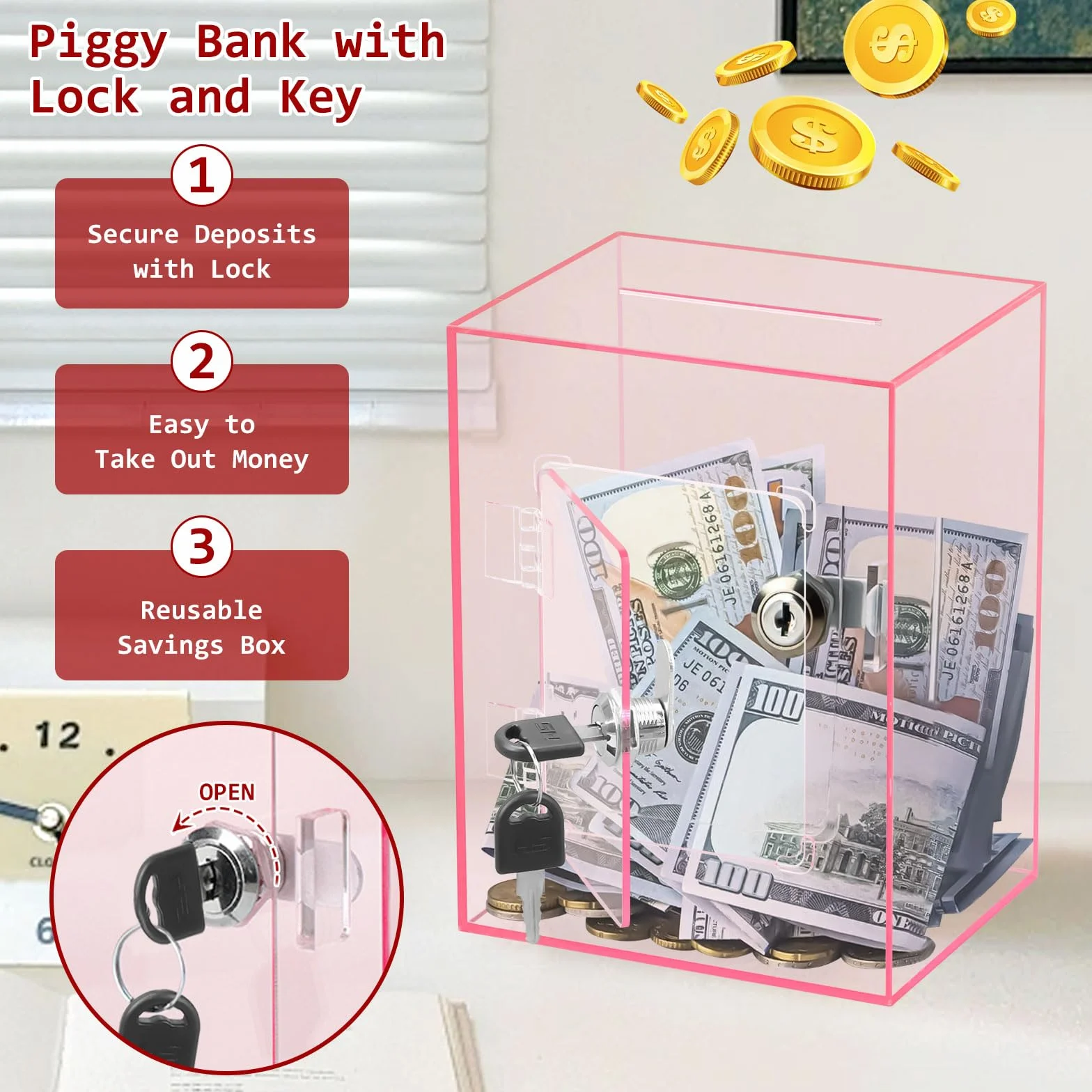 Hucha Transparente de Acrílico con Llave, 15x12x20cm, Caja de Donaciones con Cerradura, Contenedor para Monedas y Billetes