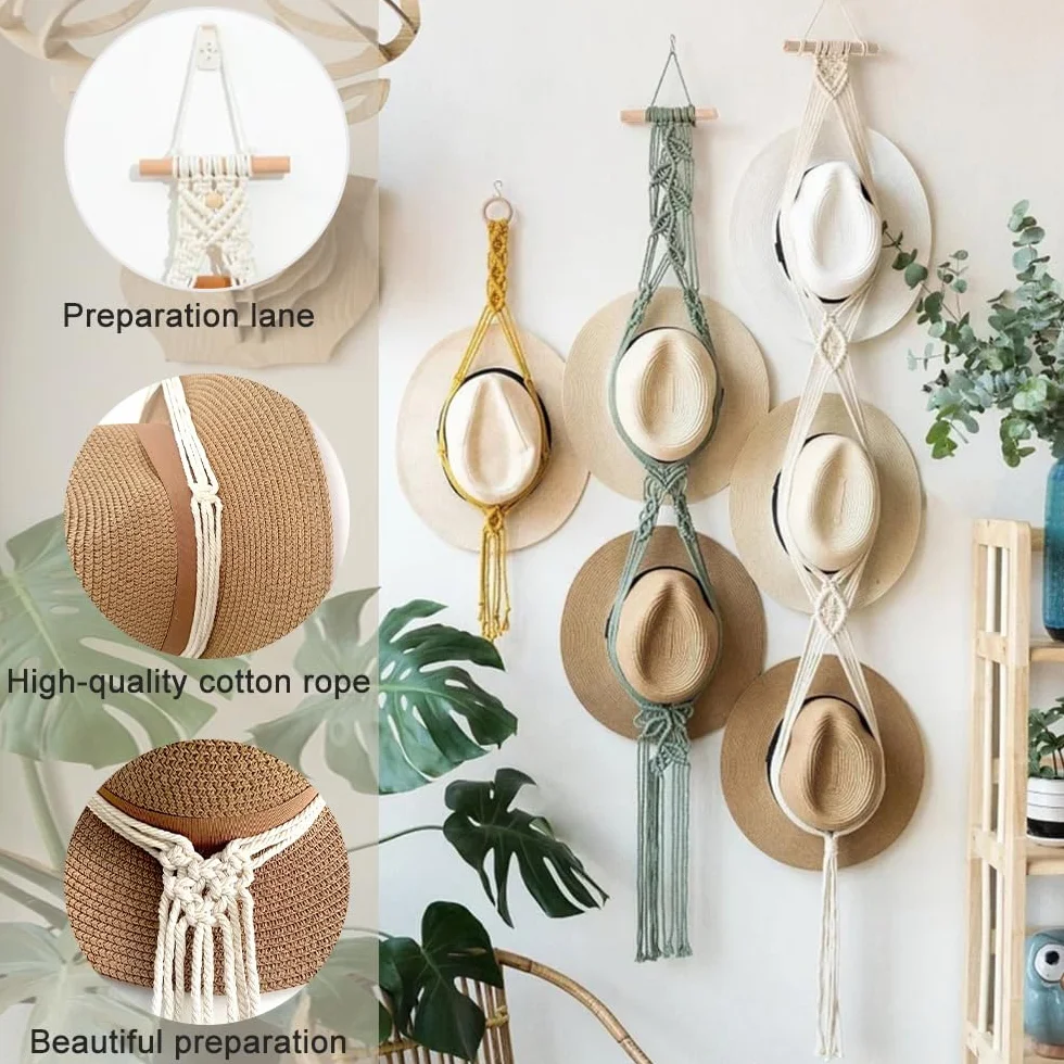 Paquete de 2 perchas para sombreros de macramé, soporte de cuerda de algodón para sombreros, soporte para gorras, perchas para puertas para sombreros de ala ancha, bufandas, bolsos, toallas