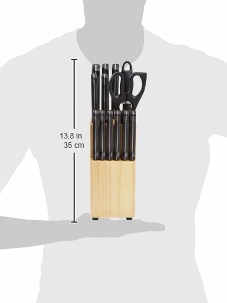 Amazon Basics Juego de Cuchillos de Cocina y Soporte (14 Piezas), Negro