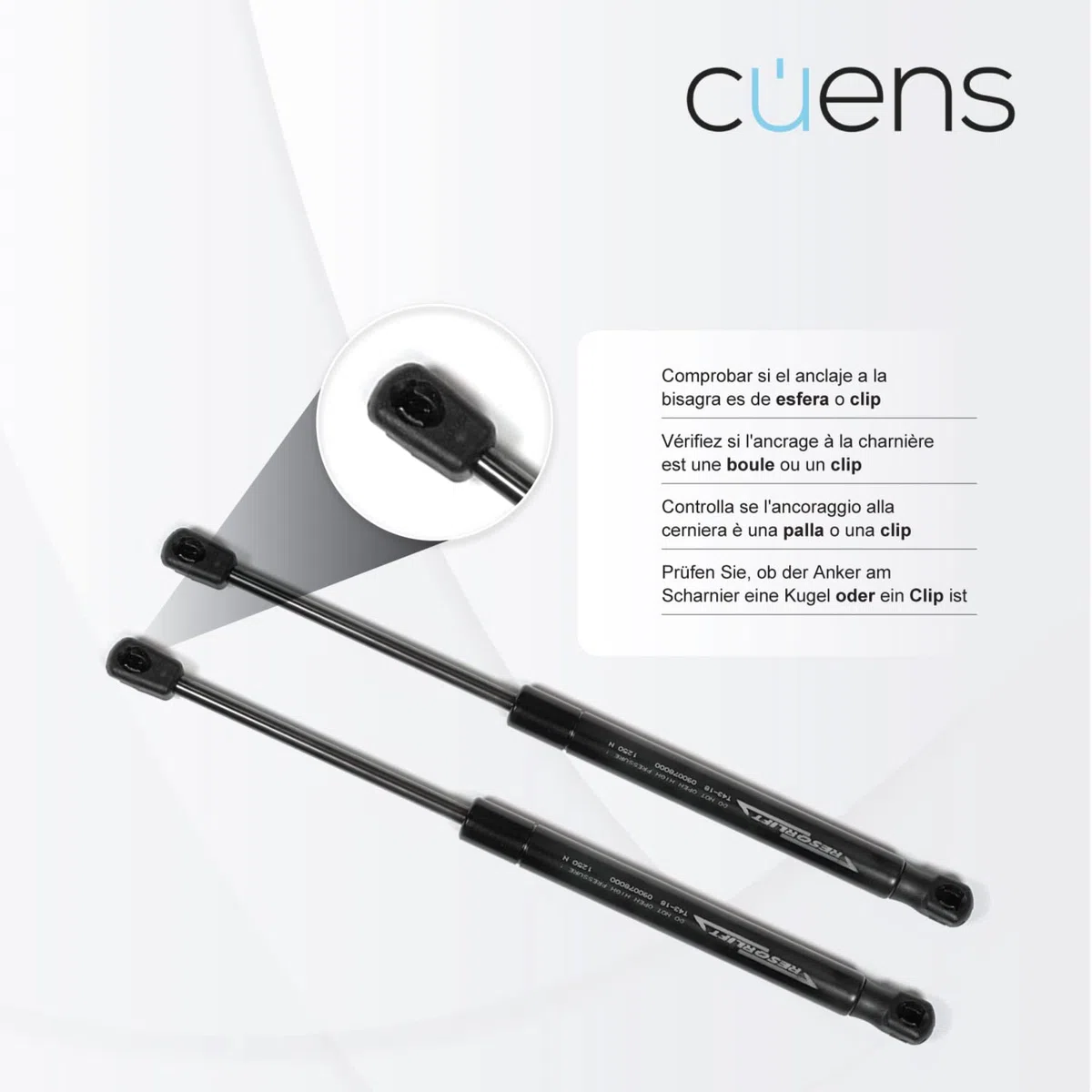 Juego de 2 amortiguadores o resortes de Gas para canapé de 800N Esfera-Clip - Ideal para canapé de 90 cm - Cuens