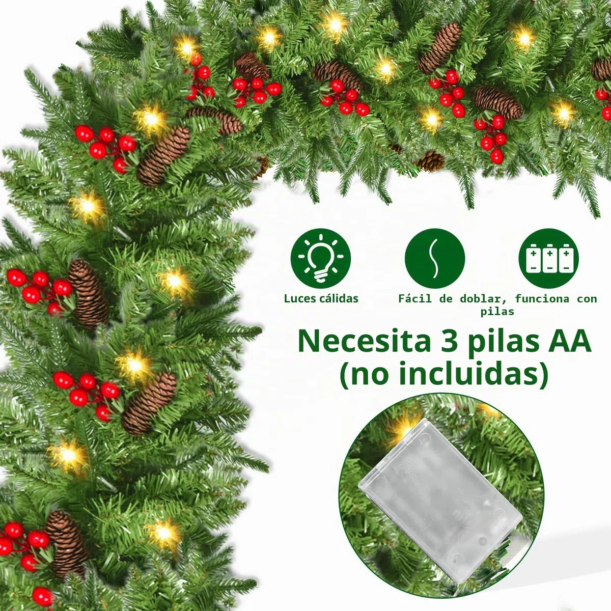 NUZEKY Guirnalda de Navidad 2,7m con 30 Luces LED Abeto Exterior Flores Bolas