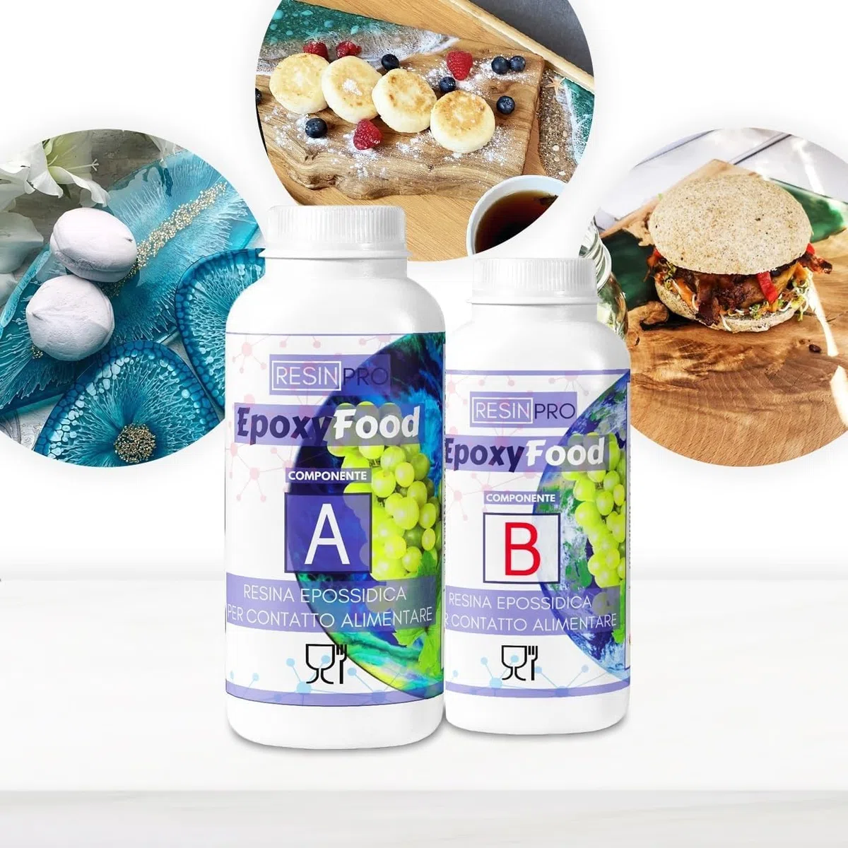 RESINA EPOXY EPOXYFOOD PARA CONTACTO CON ALIMENTOS Ideal para mesas, bandejas, platos y posavasos - Certificado - Guantes gratis - Asistencia técnica en Español - 100% Made in Italy - 775g