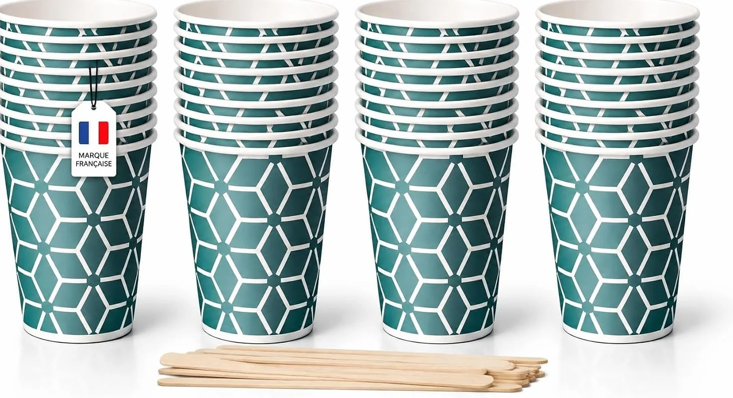 Caramont,400 Vasos de Cartón ,7 onzas con Agitadores de Madera,Ecológicos y Desechables,Resistentes al Calor,Ideales para Café,Té,Cumpleaños,etc.