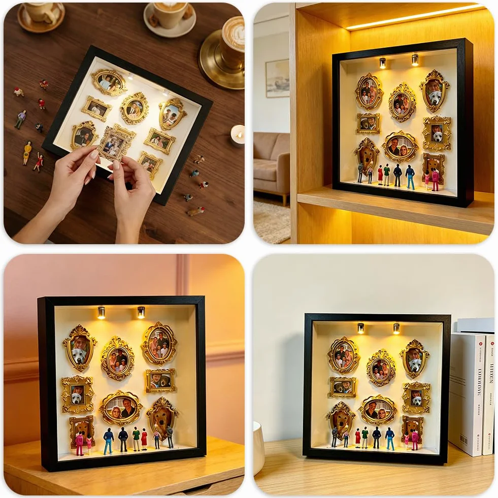 Mini caja de silueta de museo, juego de recordatorio de fotos con 8 mini marcos de fotos dorados y 8 figuras aleatorias, marco de fotos creativo con luz LED para aniversario, boda, decoración del