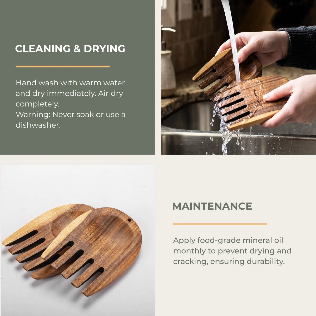 Muso Wood Manos de ensalada de acacia, pinzas de madera para servir mezclas de ensalada, juego para servir ensalada de frutas en tu encimera de cocina, 5.1 x 3.6 x 0.4 pulgadas, un par