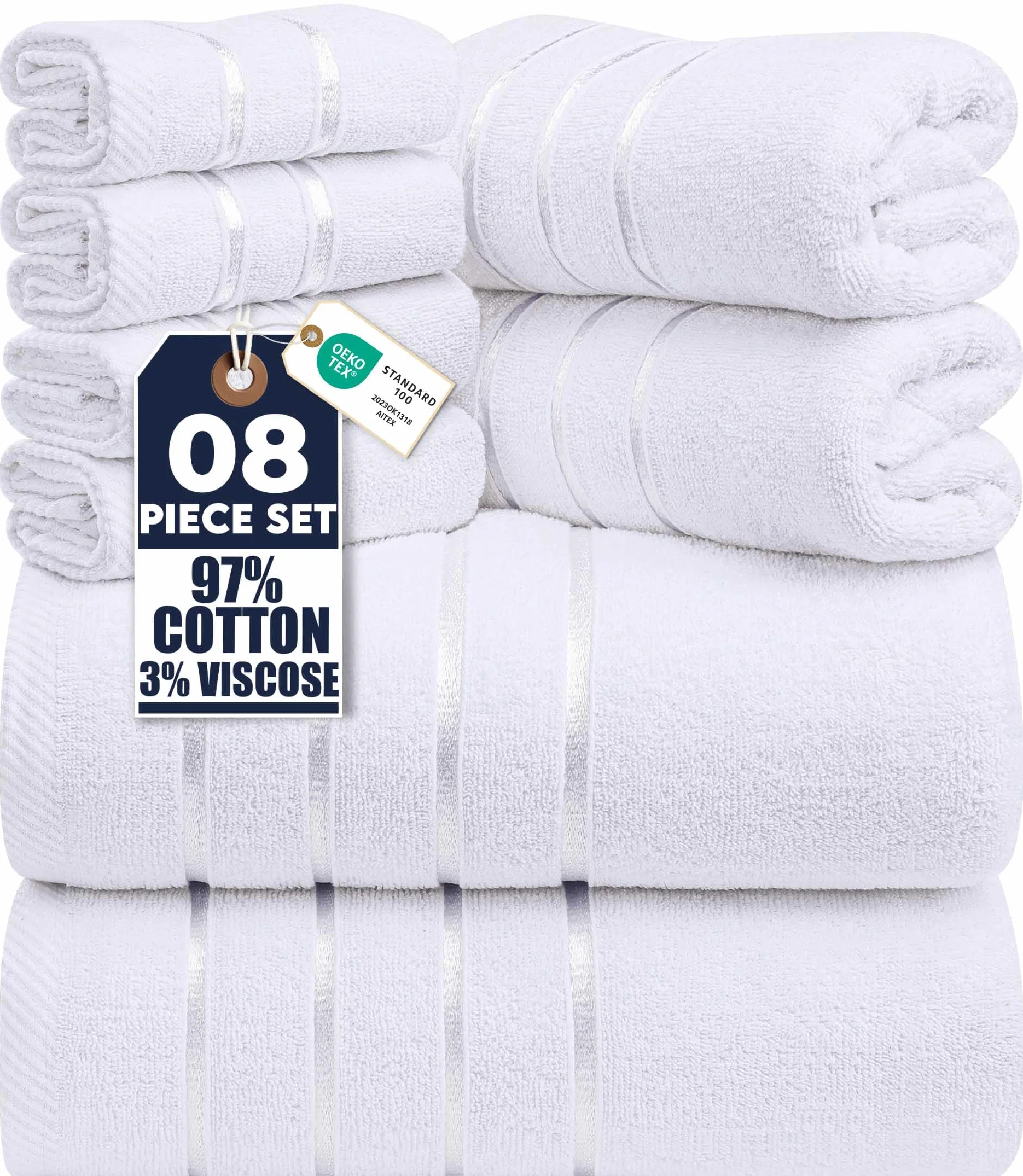 Utopia Towels Juego de Toallas de Lujo 8 Piezas 2 Toallas de Baño 2 de Mano 4 Paños Absorbentes 97% Algodón Ring Spun Blanco