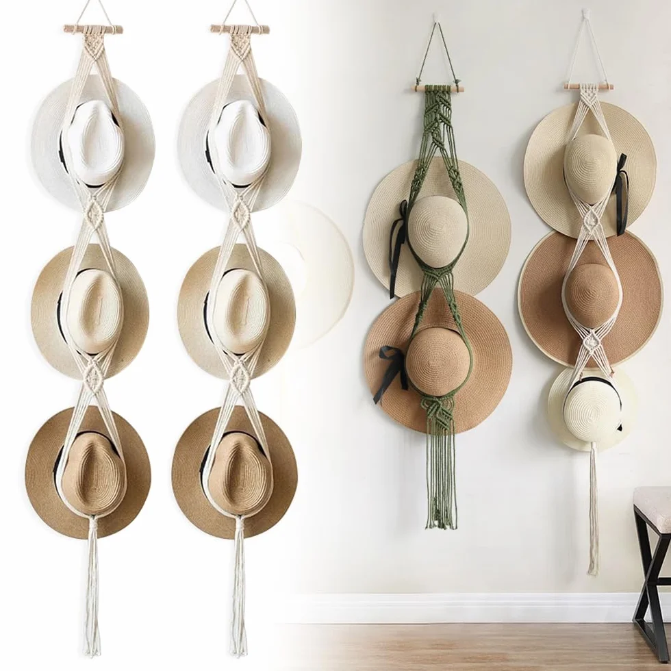 Paquete de 2 perchas para sombreros de macramé, soporte de cuerda de algodón para sombreros, soporte para gorras, perchas para puertas para sombreros de ala ancha, bufandas, bolsos, toallas