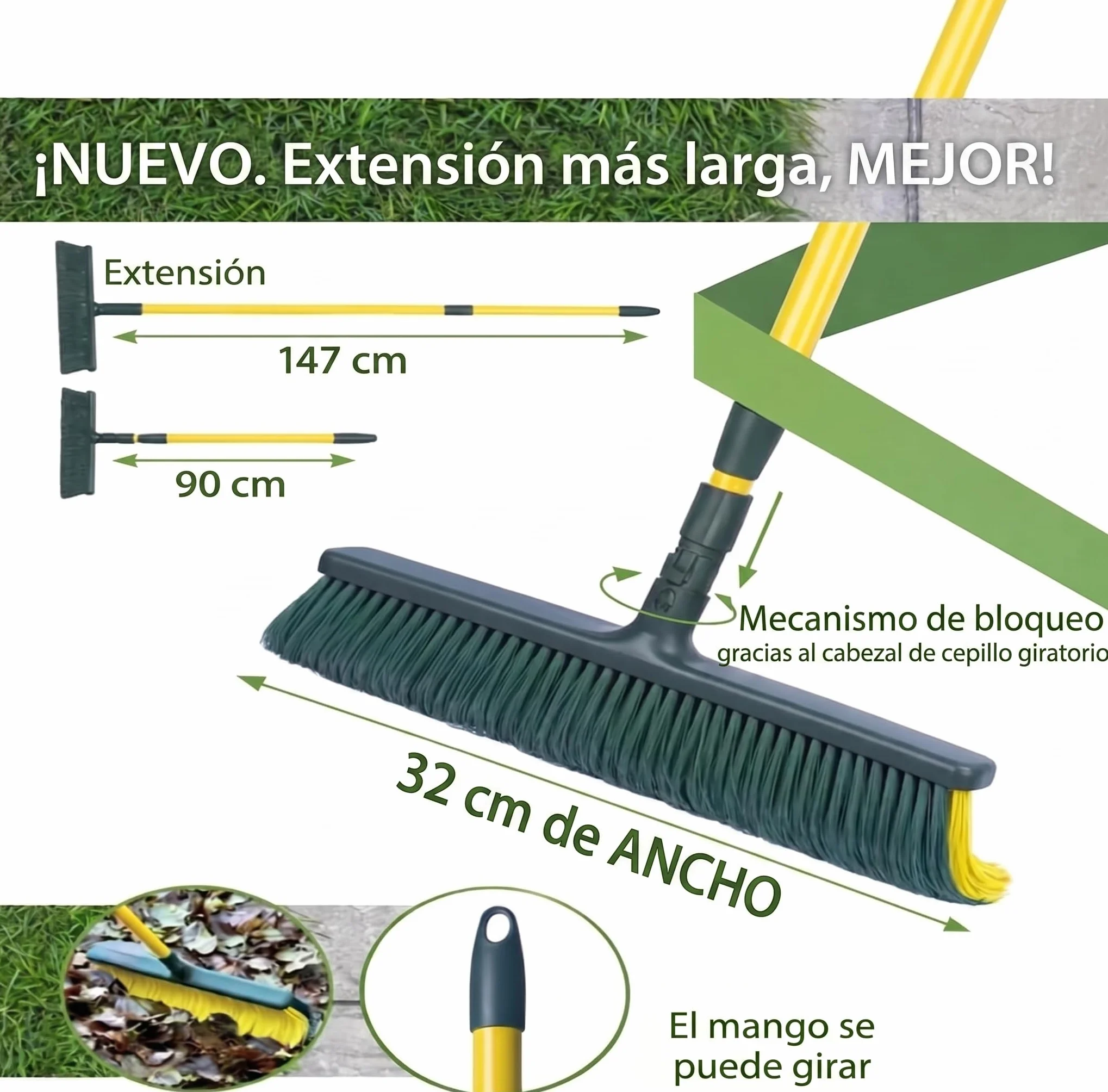 Cepillo Césped Artificial con Palo Extensible, con Mango. Barredora Cesped Sintetico. Escoba o Rastrillo Cesped Sintético con Mango. Ideal Accesorio De Jardin.