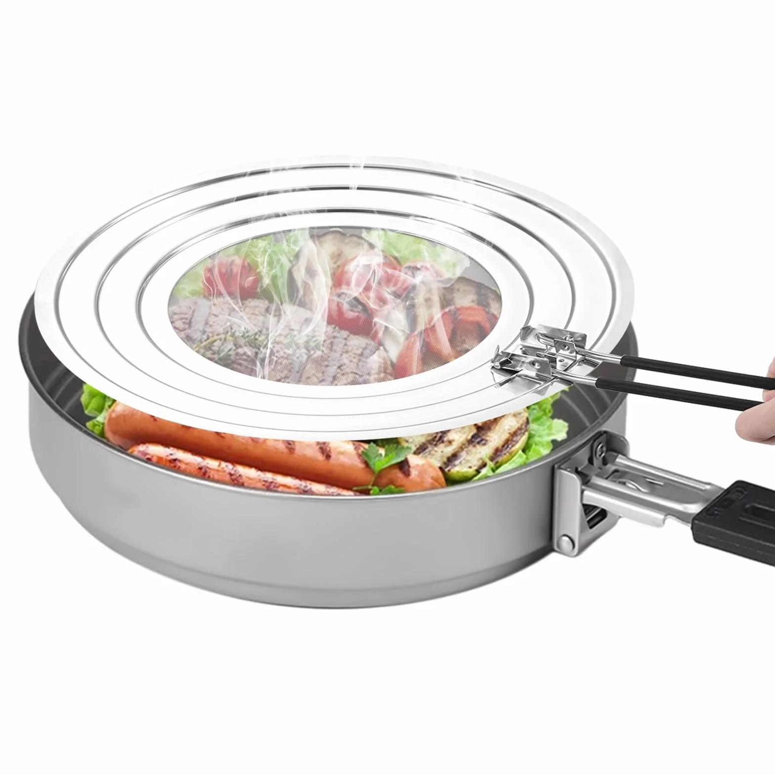 Zocipro Tapa Sarten Antisalpicaduras, Protector Salpicaduras Cocina de Acero Inoxidable con Mango de Silicona Plegable, Protector Universal de Salpicaduras para Sartenes de 20, 24 y 28cm