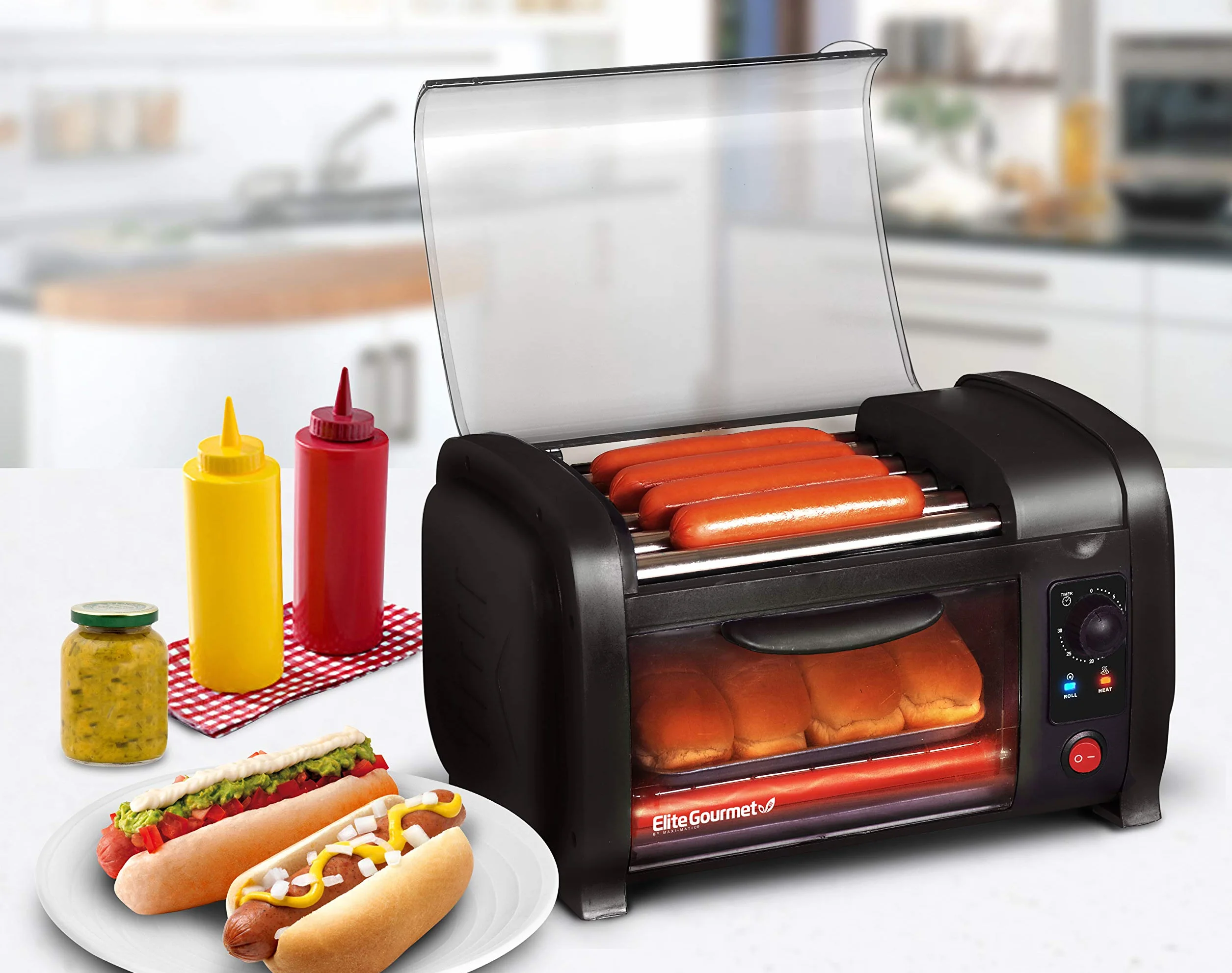 Elite Gourmet Cuisine EHD-051B Horno tostador para perritos calientes, temporizador 30 min, bandeja acero inoxidable, 4 panes, negro