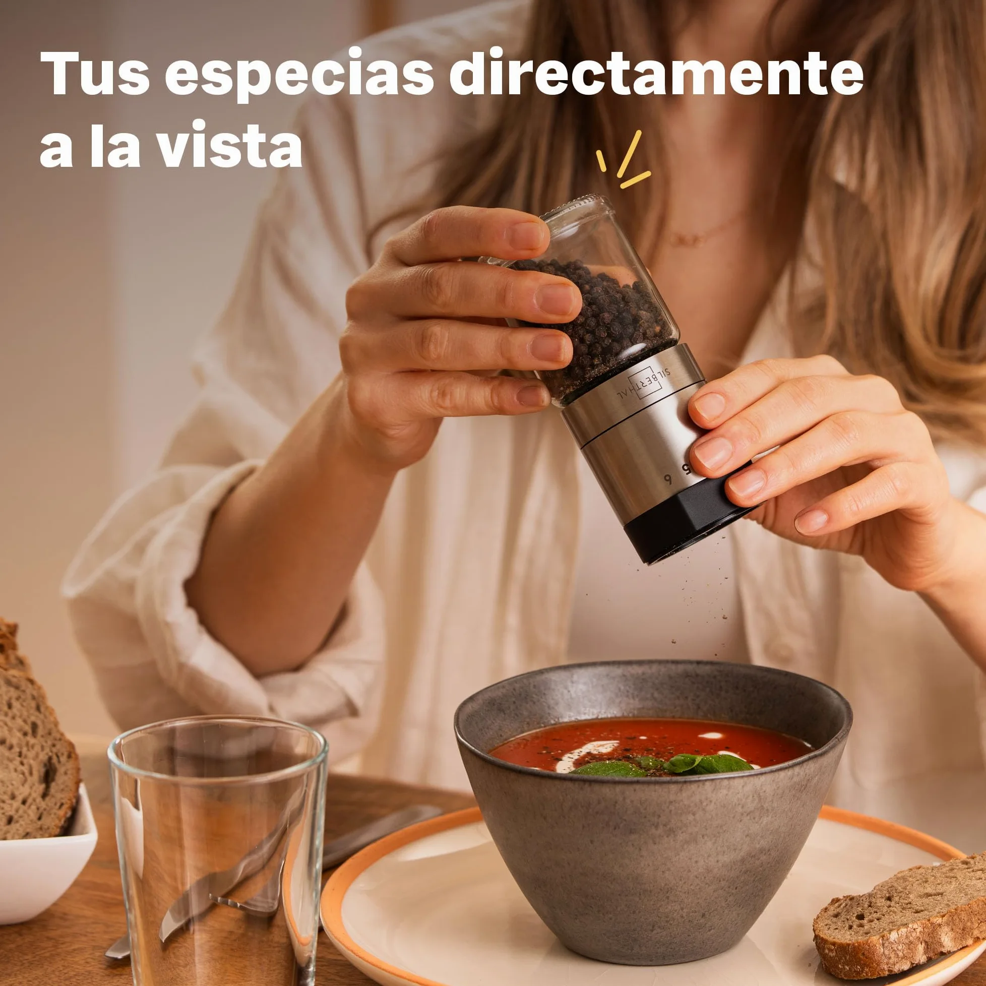 SILBERTHAL Molinillo de pimienta y sal - Ajustable a 6 niveles - Muela cerámica - Tapa hermética y cristal apto para lavavajillas
