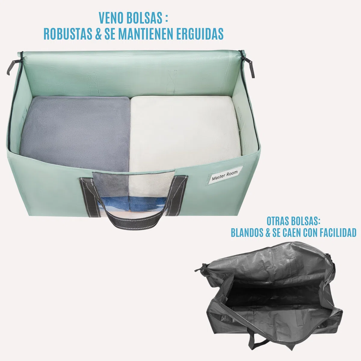 VENO Bolsa de Mudanza Extragrande y Resistente, Organizador de Ropa, Bolsas de Mudanza con Cremallera, Cubos de Almacenamiento Plegables, Almacenamiento en el Dormitorio(Verde Claro,Pack de 2)