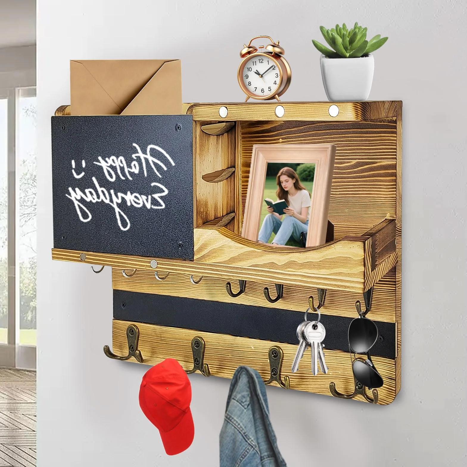 Porta Llaves de Pared de Madera con Compartimento de Almacenamiento, 8 Ganchos y 4 Ganchos Dobles, con Tablón de Anuncios, Apto para Llaves, Sombreros, Ropa, Bolsos