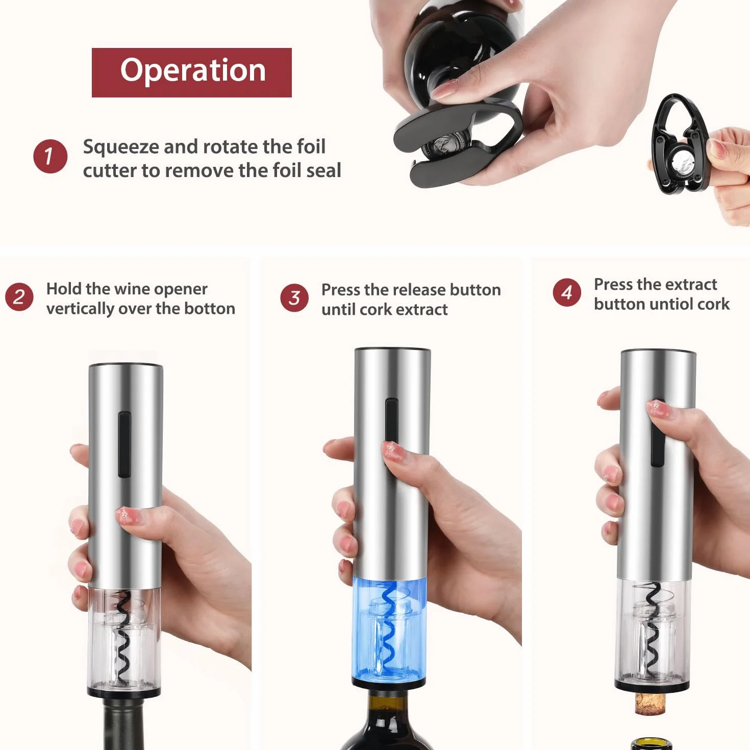 ZOYIDOUX Abridor de vino eléctrico recargable 7 en 1 de acero inoxidable Juego de regalo,Sacacorchos eléctrico con base,Cortador,Tapón de vacío de silicona,Tapón para vino,Vertedor,Línea USB