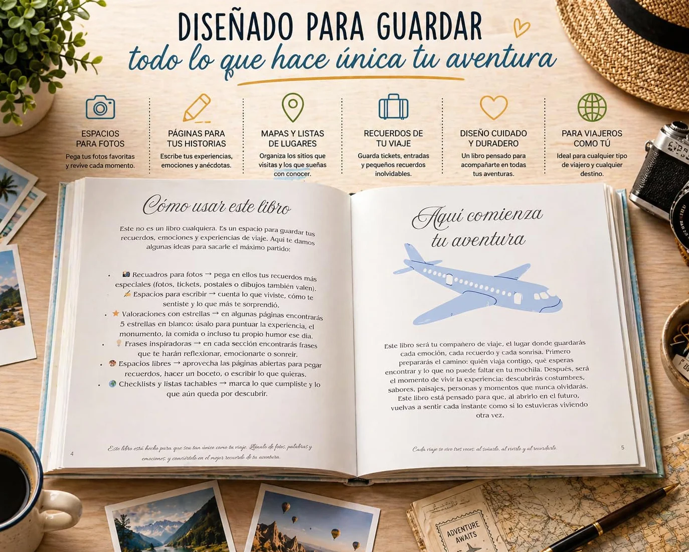 Álbum de Fotos de Viaje para Pegar y Escribir – Diario de Viaje y Scrapbook de Recuerdos | Travel Journal para Fotos y Experiencias | Libro Aventuras por el Mundo Regalo para Viajeros