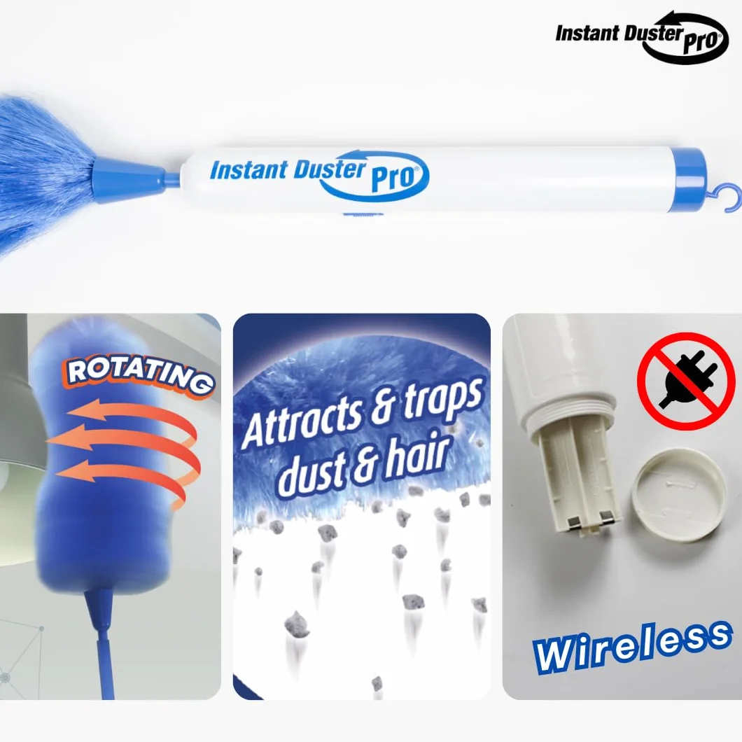 Instant Duster Pro Plumero eléctrico inalámbrico Original, Sistema Antiestático, Fibras electromagnéticas