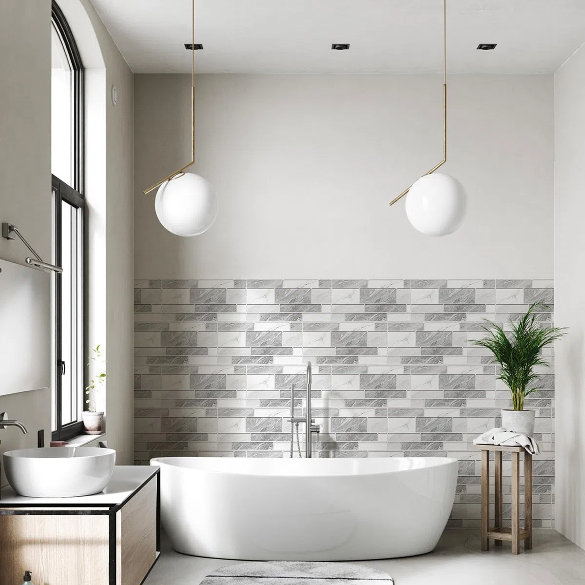 Decoroom Azulejos Autoadhesivos Gris & Blanco 15x30cm/24Pcs Baldosas Pegatinas Adhesivas Ladrillos Vinilo PVC Impermeable Decorativa Cocina Baños Baldosas Adhesivas Pared