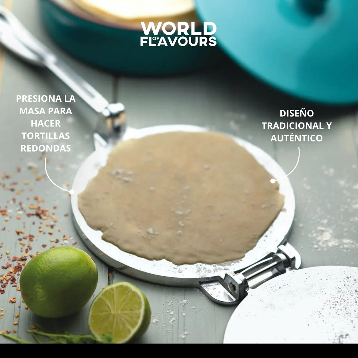 KitchenCraft - World of Flavours - Prensa de Tortillas Mexicanas en Caja de Regalo, Aluminio, Color Plateado, 20 x 20 x 9 cm