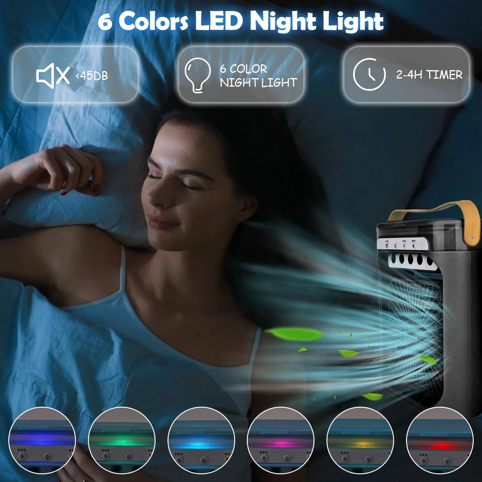 Mini Aire Acondicionado Portatil 4 en 1 Enfriador de Aire Pequeño con 600 ml Tanque, 3 Velocidades, 3 Nebulización, 2-6H Cronometrado, 6 LED Ventilador Refrigerador para Dormitorio Oficina