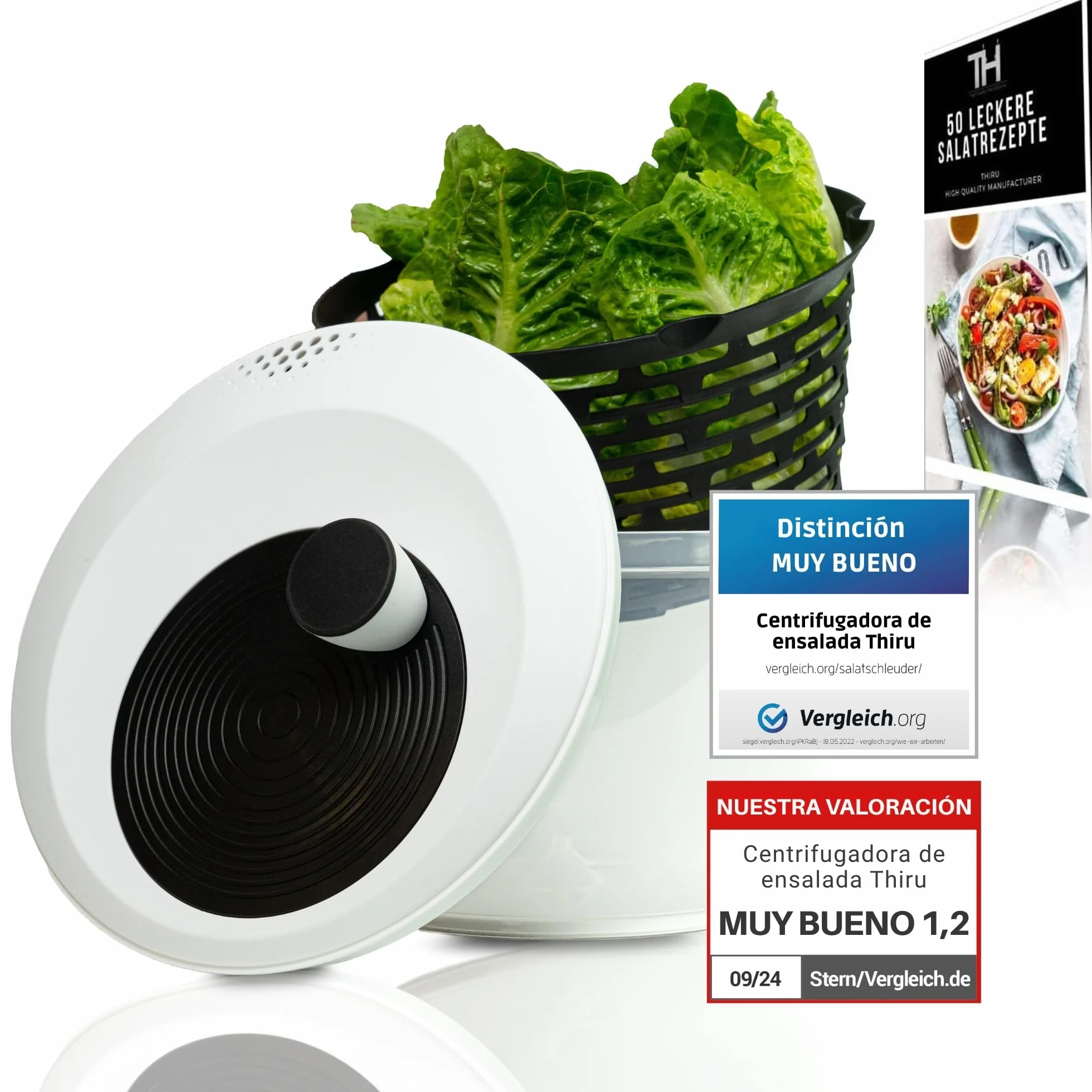 Centrifugadora de ensalada Premium 5 L – 60 días sin riesgo – 2 en 1 antideslizante: centrifugadora + bol – Ø 24,5 cm – libre de BPA – lavavajillas – para secar ensalada/lechuga – eBook incluido
