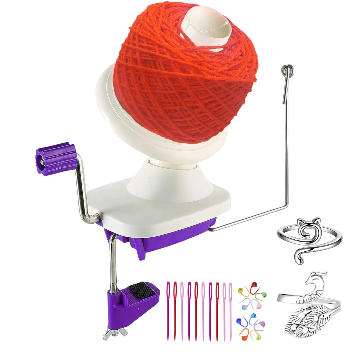 Bobinador de bolas de hilo, enrollador de bolas moradas a mano para hilo, enrollador de hilo con fácil instalación para almacenamiento de hilo + 2 piezas de ganchillo ajustables + 10 agujas de tejer +