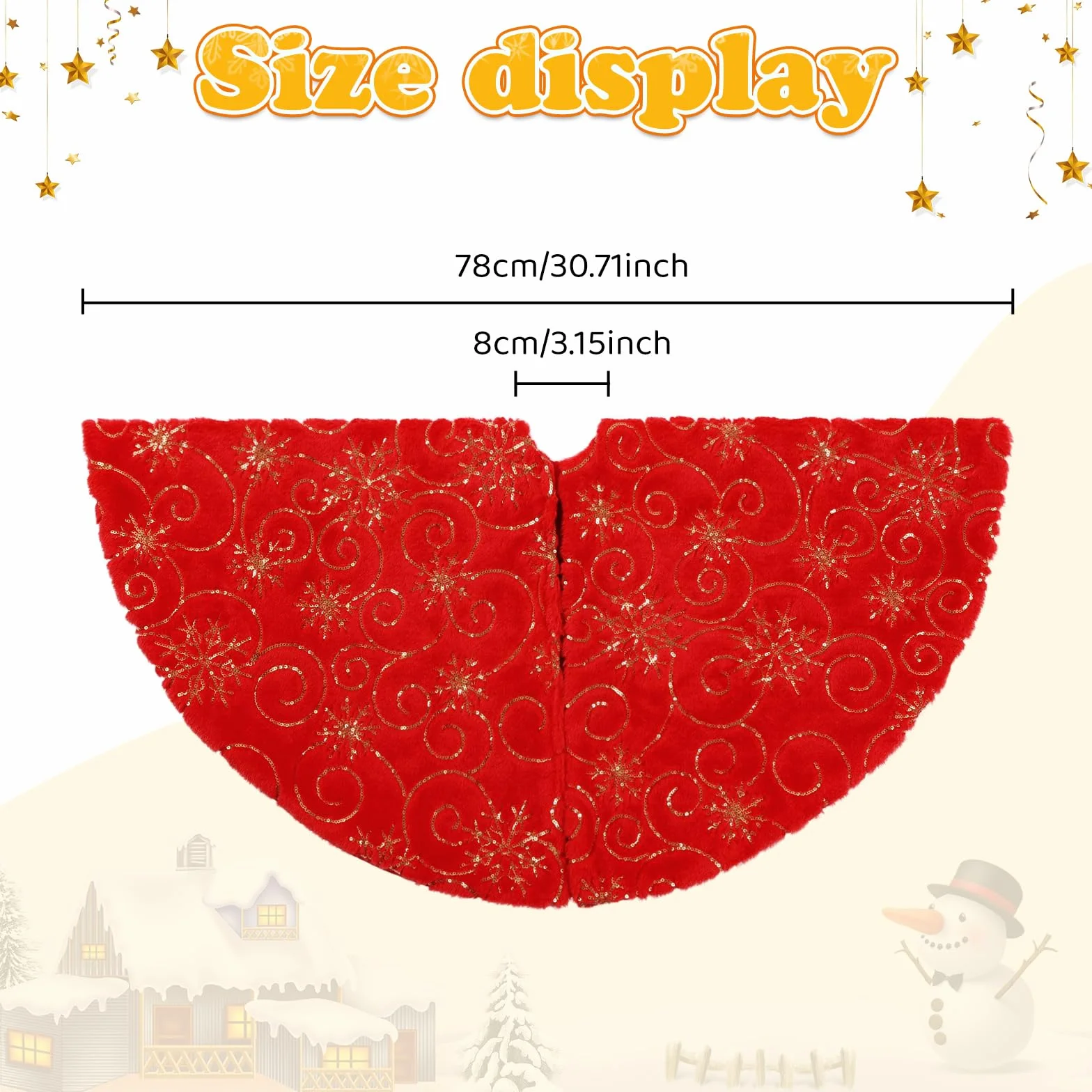 CITÉTOILE Falda de árbol de Navidad de Piel Sintética con Dorado Lentejuelas de Copo de Nieve, Falda Redonda árbol Navidad, Alfombra para Decoración Navideña, Rojo, S