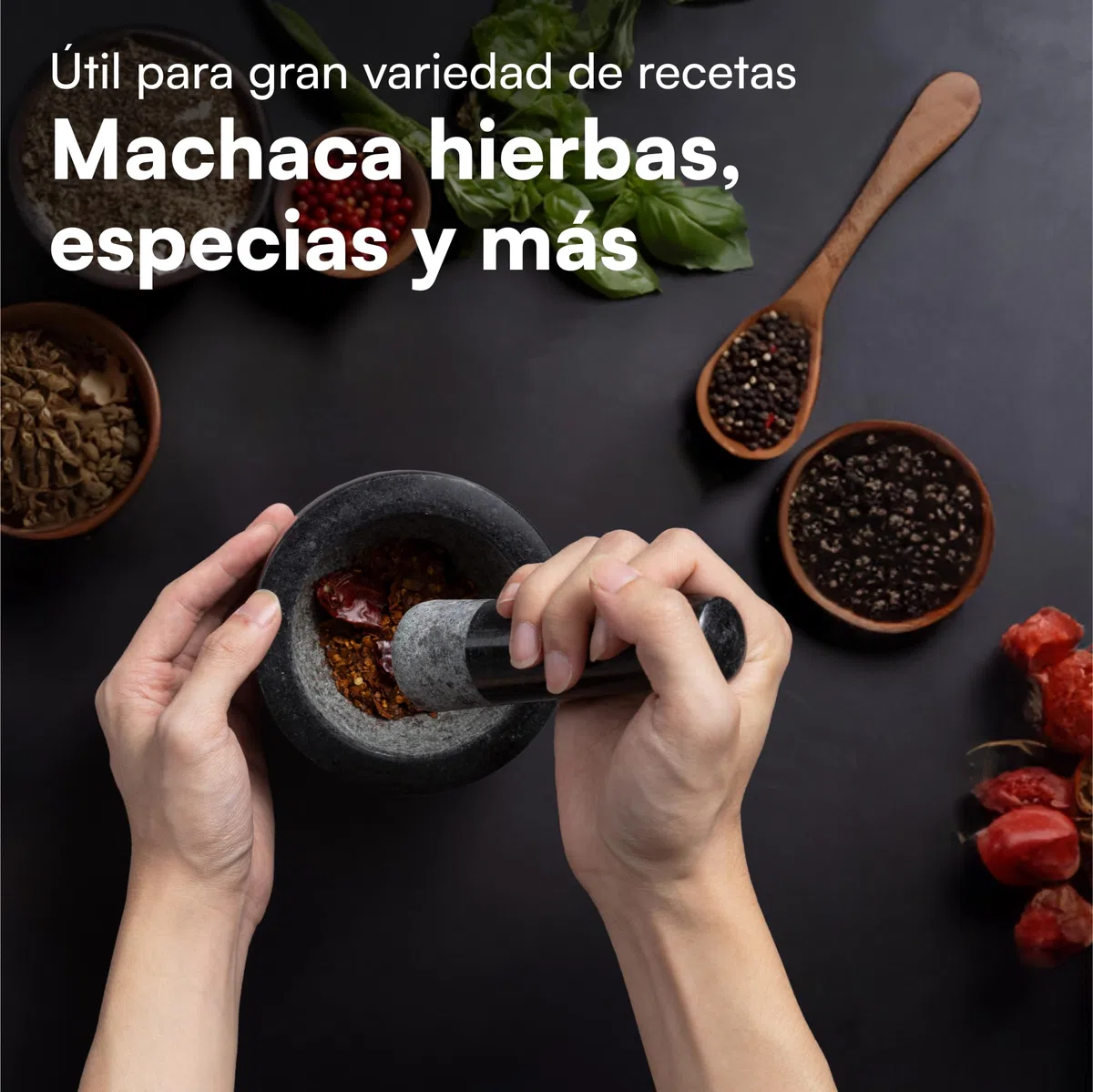 H&S Set de Mortero - Mortero Cocina de Piedra Maciza de Granito Negro para Machacar y Triturar Especias - Set Molcajete Grande de Cocina para Moler - Mortero Piedra Negra
