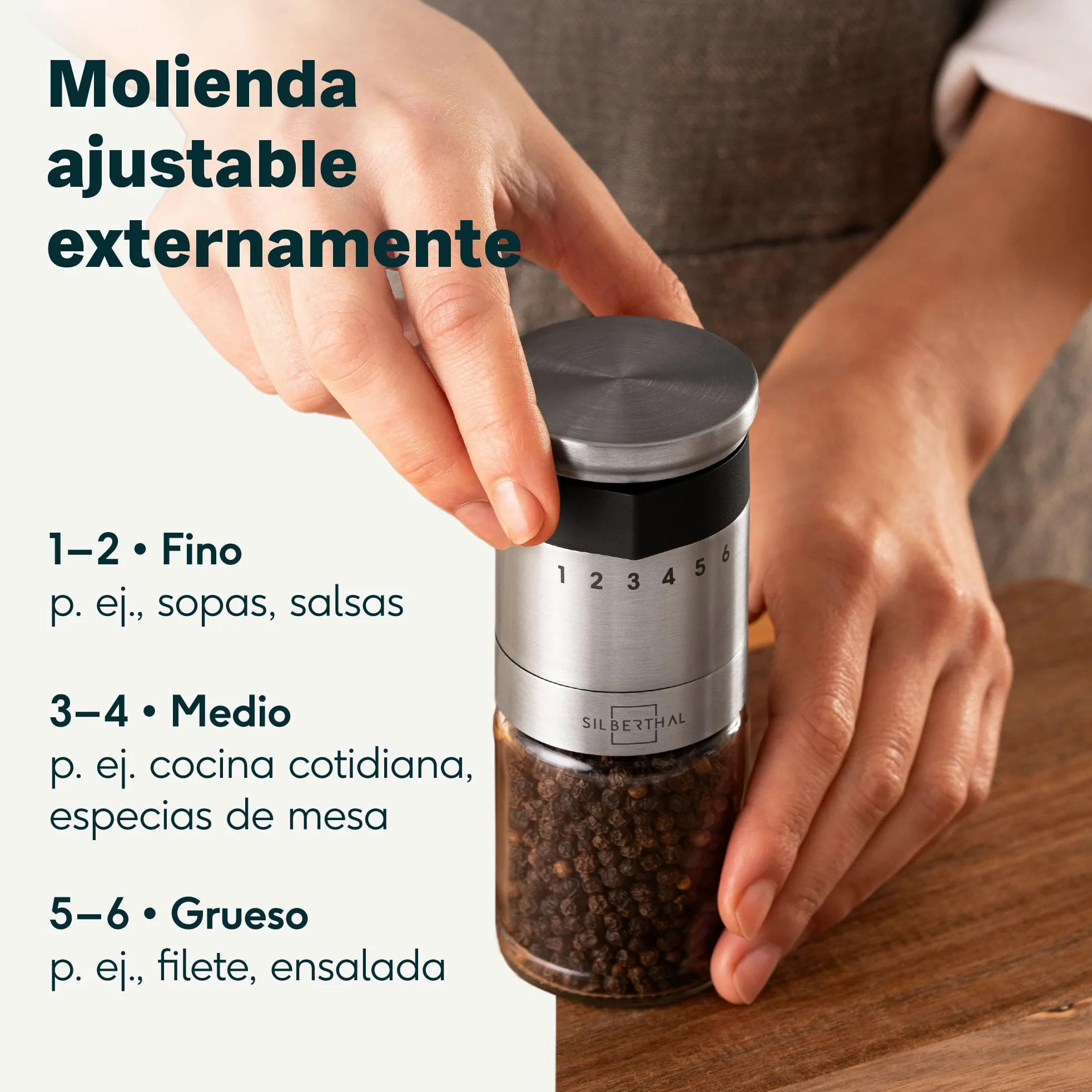 SILBERTHAL Molinillo de pimienta y sal - Ajustable a 6 niveles - Muela cerámica - Tapa hermética y cristal apto para lavavajillas