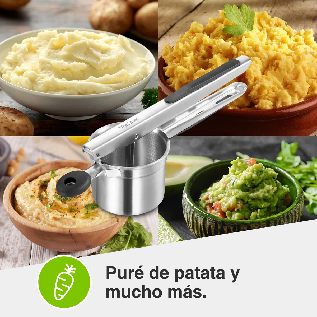 VonShef Rallador y Aplastador de Patatas - Machacador de Patatas de Acero Inoxidable con Mango de Silicona, Apto para Lavavajillas Prensa de Patatas