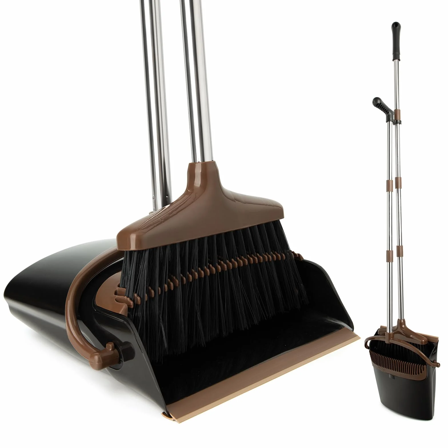 Juego de escoba y recogedor con mango largo extensible, escoba con pala para limpieza del hogar oficina (negro marrón)