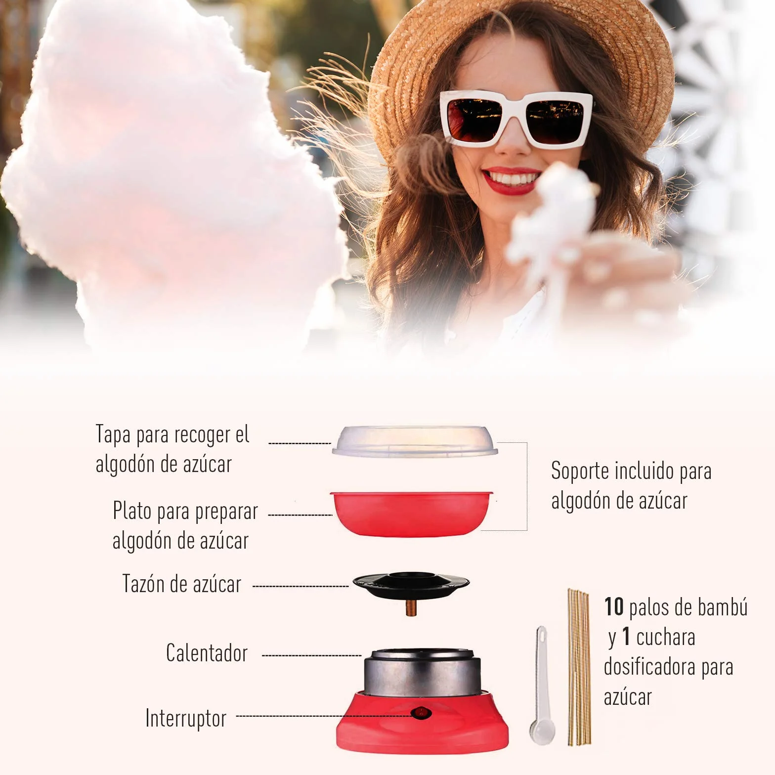 HOMCOM Máquina de Algodón de Azúcar, 450W-550W, Máquina para Hacer Algodón de Azúcar con 10 Palitos, para Fiestas de Cumpleaños Infantiles, en Casa, 27x26x18 cm, Rojo