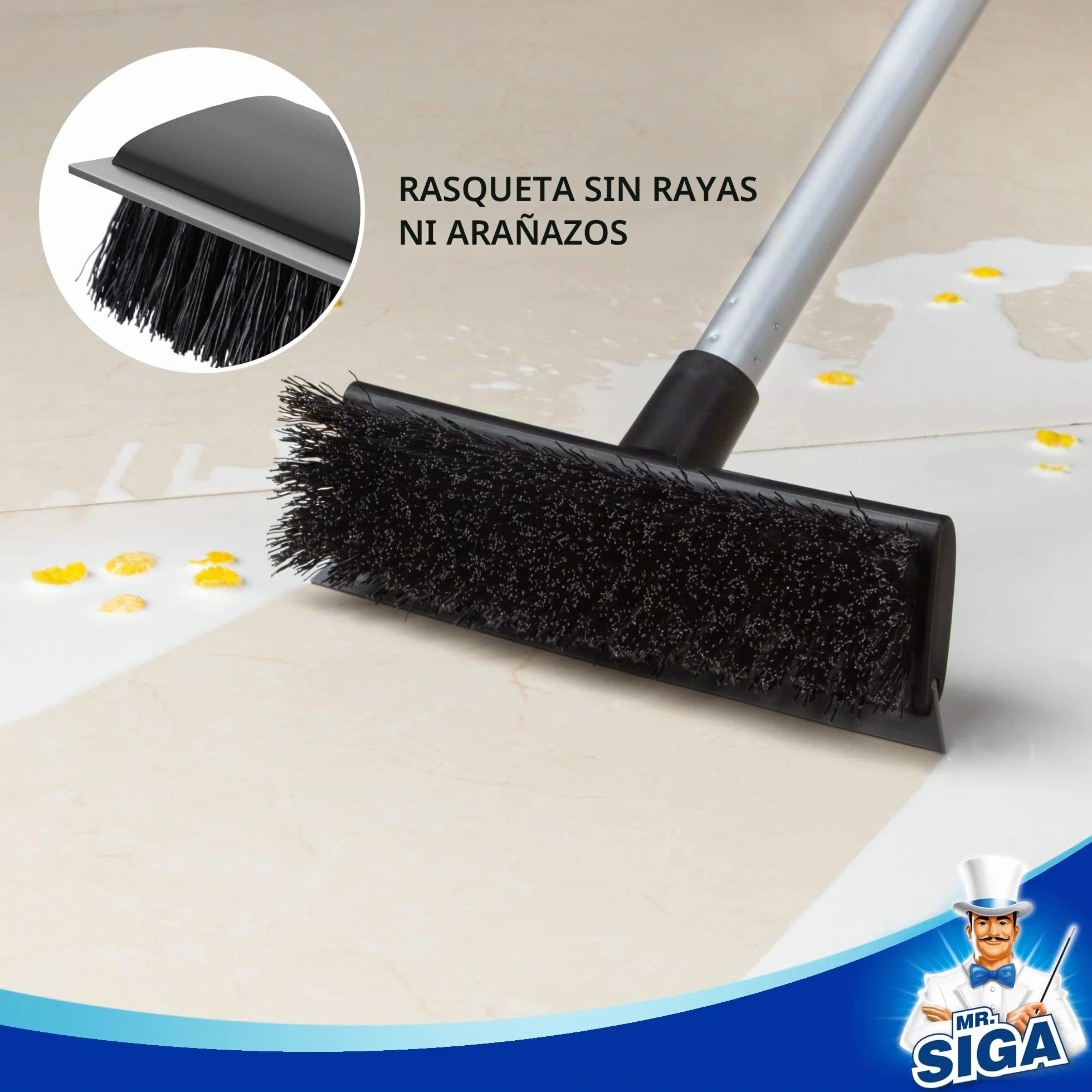 MR.SIGA Cepillo de Limpieza de Suelo con Mango Largo, 2 en 1 y escobilla de Goma para Limpiar baño, Patio, Garaje, Pared, Cepillo de Limpieza de Azulejos con cerdas rígidas