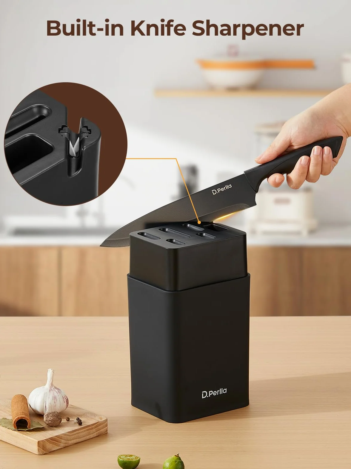 D.Perlla Juego de Cuchillos de Cocina 7 Piezas, Acero Inoxidable, Bloque con Afilador Integrado