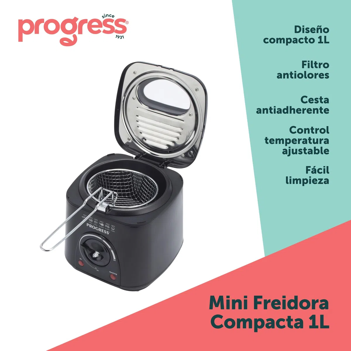 Progress EK2969PBLKVDE Freidora Compacta de 1 L Mini para Grasas Profundas - Cesta de Cocción Antiadherente, Fácil Limpieza, Control de Temperatura Ajustable, Filtro Reductor de Olores, 950 W