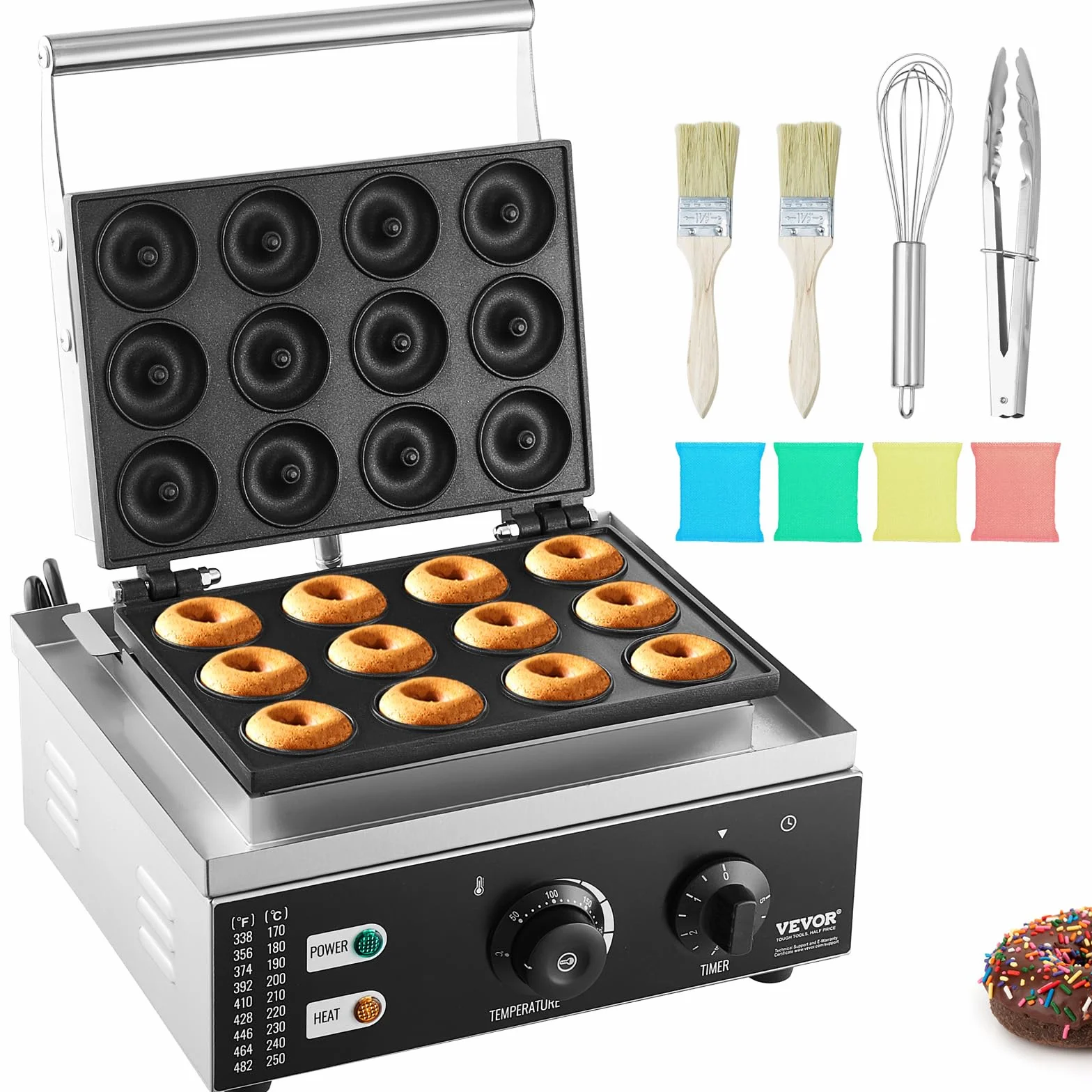 VEVOR Máquina Eléctrica para Hacer Donuts, Máquina Comercial para Donuts de 1550 W con Superficie Antiadherente, Máquina para Gofres con Calentamiento, 50-300 ℃, para Restaurante y Uso Doméstico
