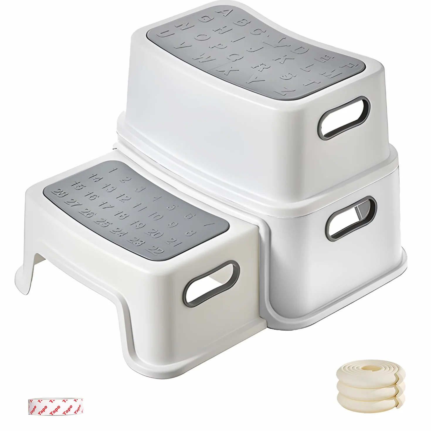 Taburete infantil 2 niveles protección cantos 1 m pies antideslizantes antivuelco peldaños perfilados para baño aseo cocina habitación infantil pálido