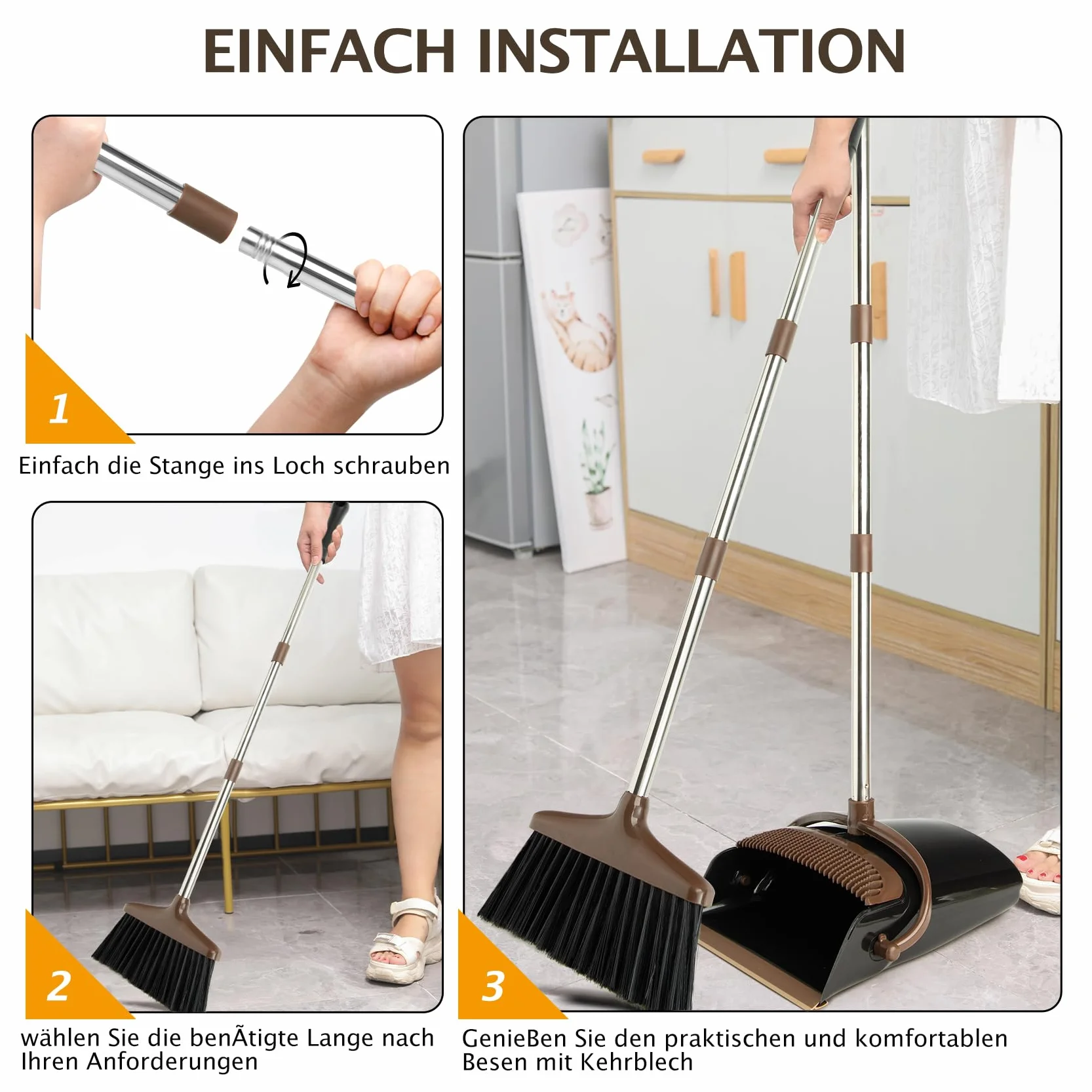 Juego de escoba y recogedor con mango largo extensible, escoba con pala para limpieza del hogar oficina (negro marrón)