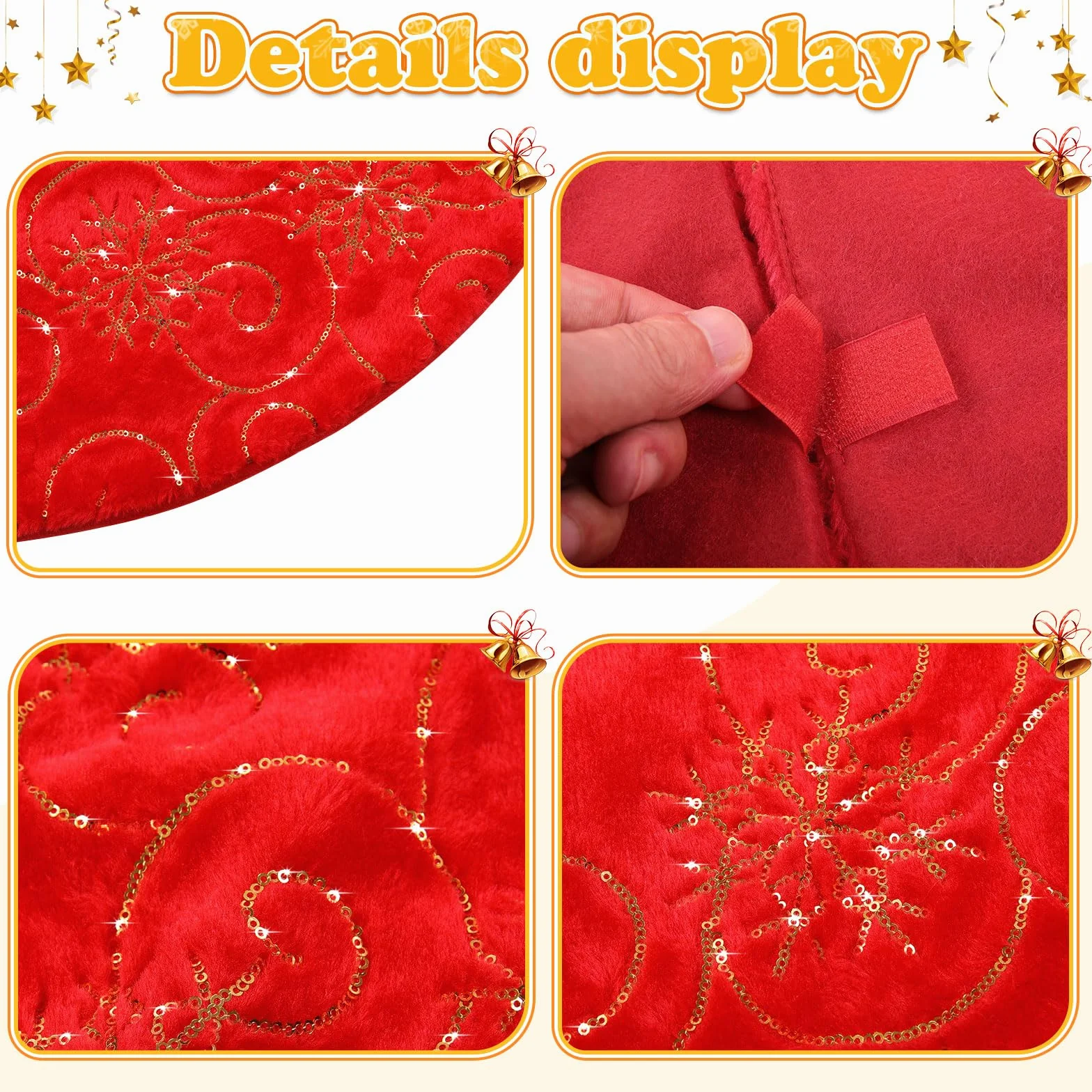CITÉTOILE Falda de árbol de Navidad de Piel Sintética con Dorado Lentejuelas de Copo de Nieve, Falda Redonda árbol Navidad, Alfombra para Decoración Navideña, Rojo, S