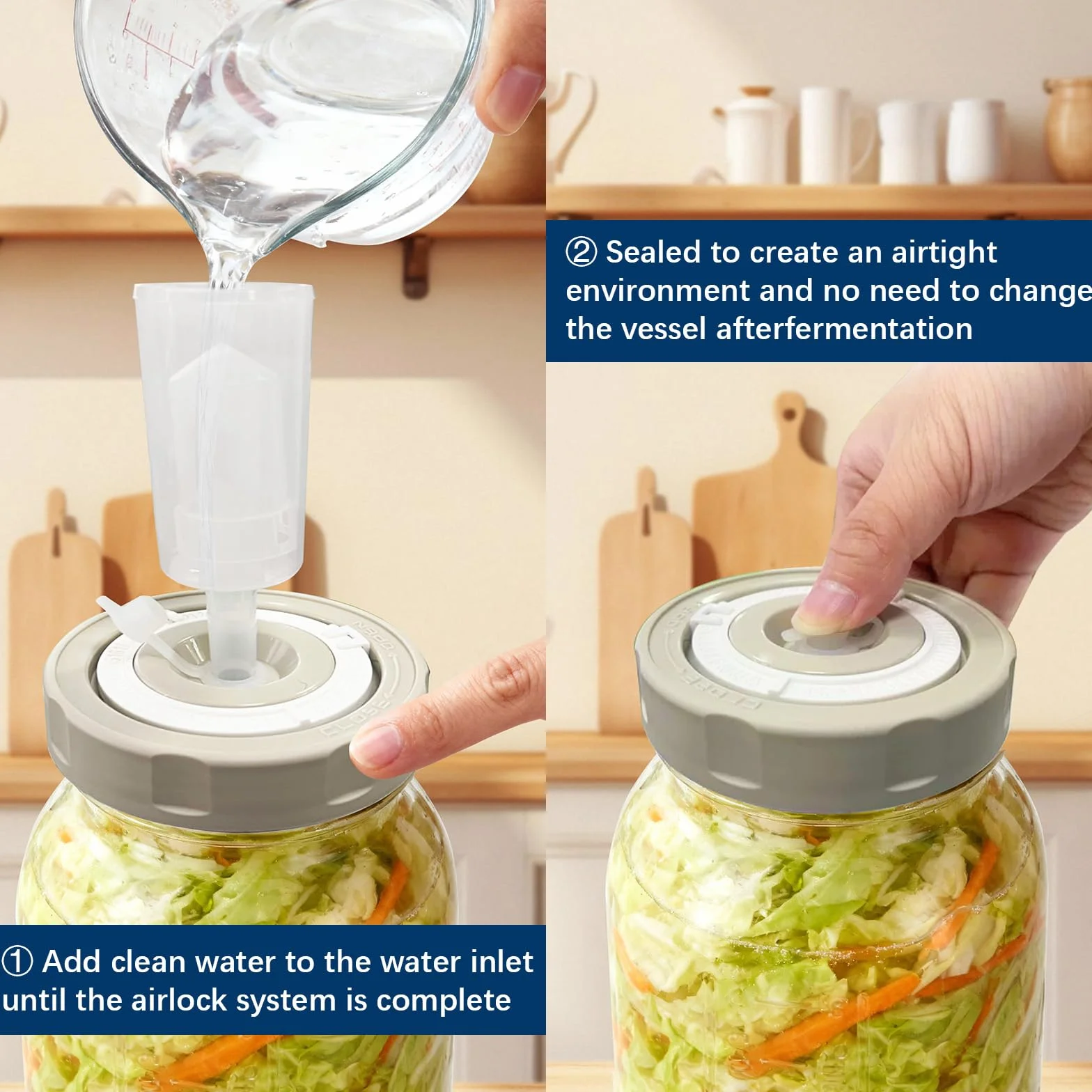 Hejo 2L Tarro de Fermentación con Esclusa de Aire y Tapas de Rosca, Fermentación Jar con Escala de Tiempo Ajustable, Contenedor de Kimchi, Kit de Fermentación para Chucrut, Kombucha, Encurtidos