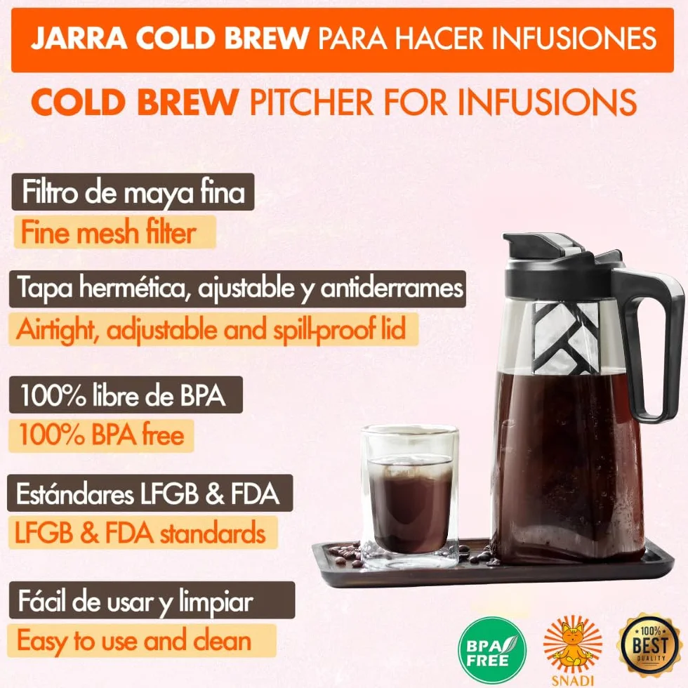 Jarra cold brew 2 Litros Infusionador con filtro de maya fina tapa hermética Tritan libre de BPA