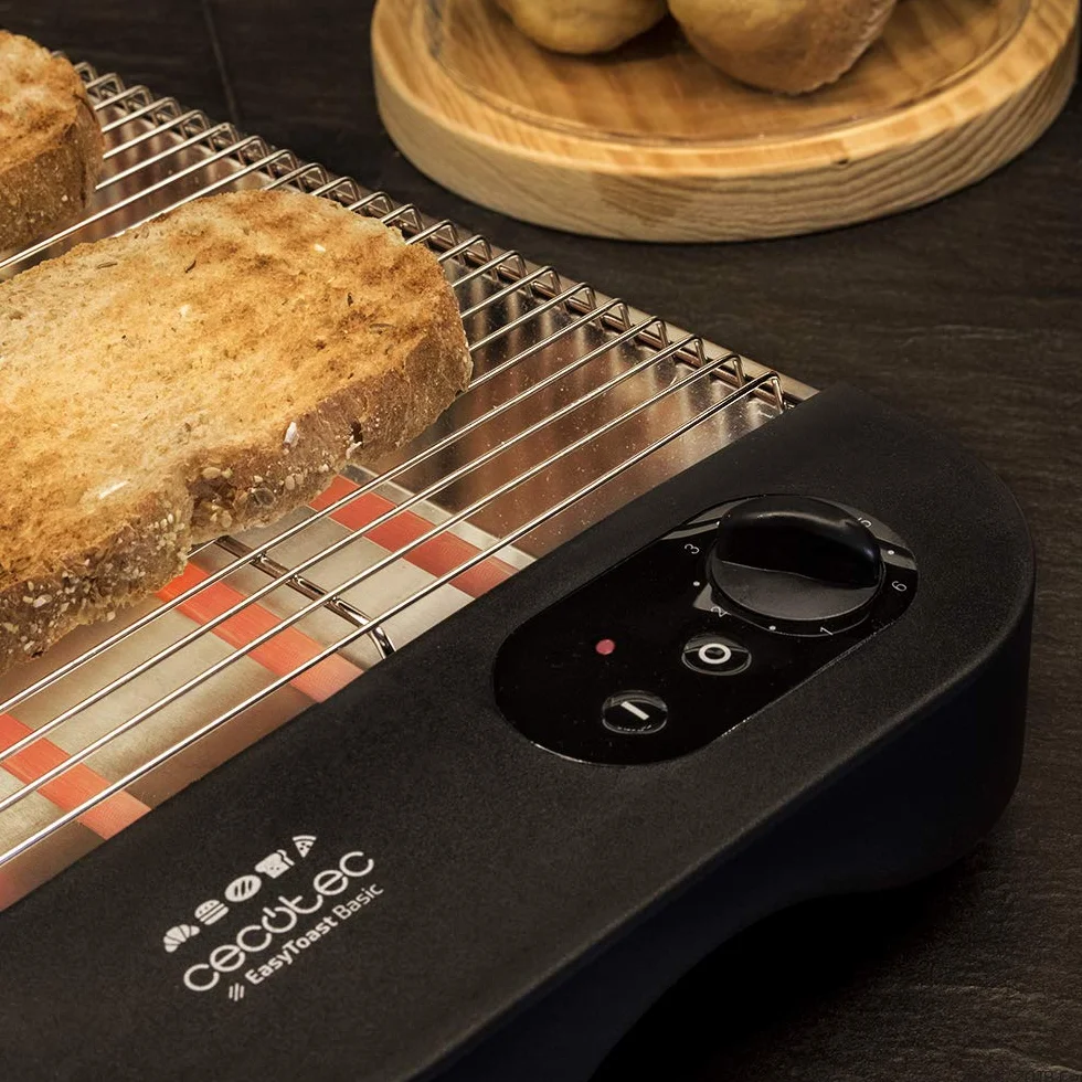 Cecotec Tostador Plano Horizontal Turbo Easytoast Basic. 900 W de Potencia con 6 Niveles, 3 Resistencias de Cuarzo, Bandeja Recogemigas y Hueco Recogecables, Indicador Luminoso, 31X35 Cm, Negro