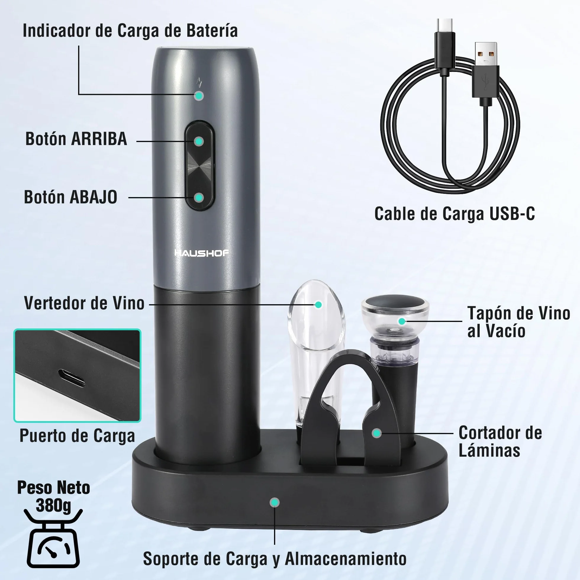 HAUSHOF Sacacorchos Eléctrico Recargable 6 en 1, Abridor de Vino Automático con Cortador de Láminas, Tapón al Vacío, Vertedor, Cable USB-C y Base
