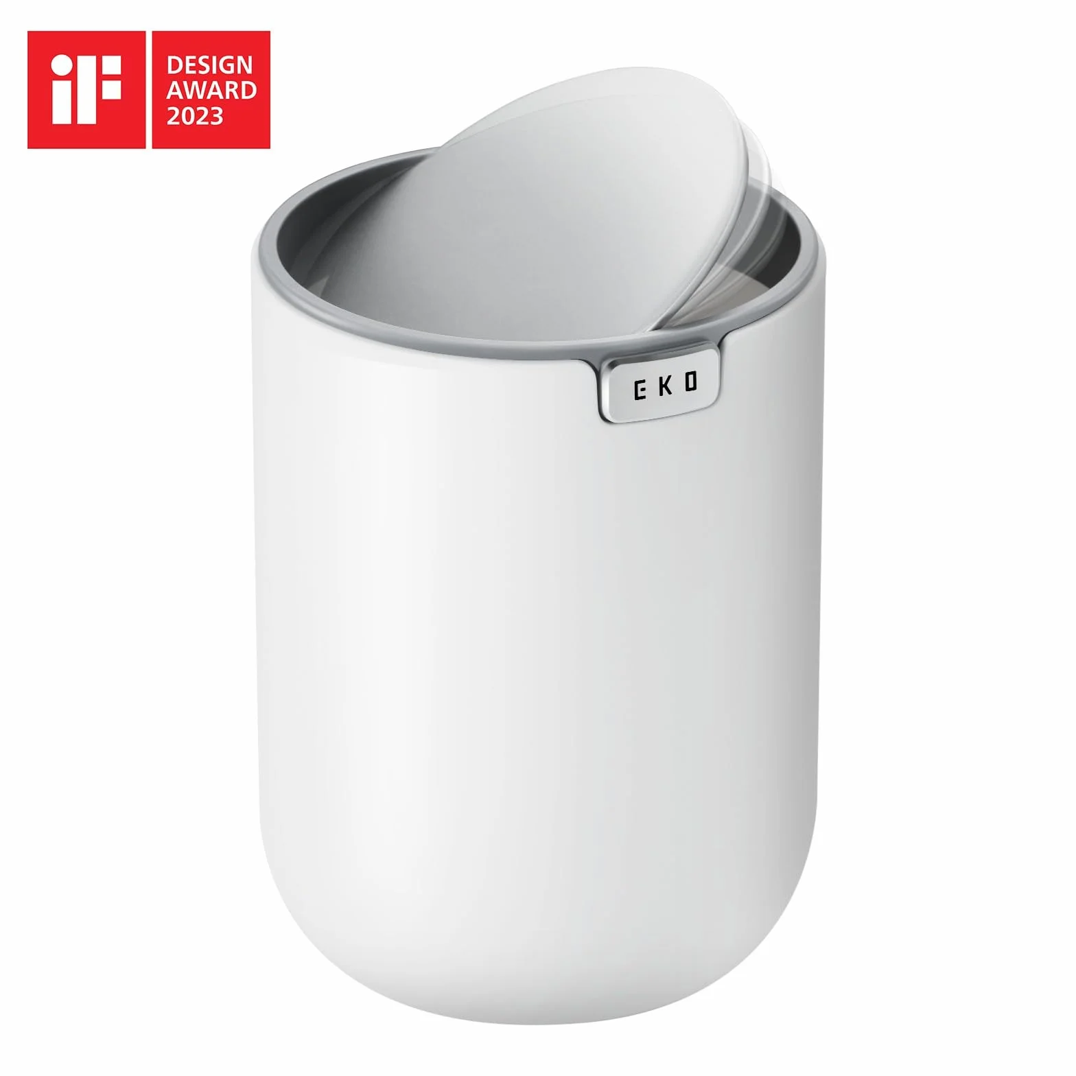 EKO - Minicubo de basura de escritorio con tapa abatible de 1,5 L y base pequeña y redonda para oficina, hogar, coche (blanco)