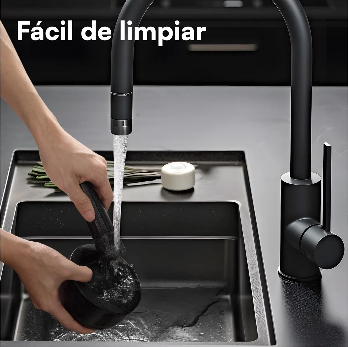 H&S Set de Mortero - Mortero Cocina de Piedra Maciza de Granito Negro para Machacar y Triturar Especias - Set Molcajete Grande de Cocina para Moler - Mortero Piedra Negra