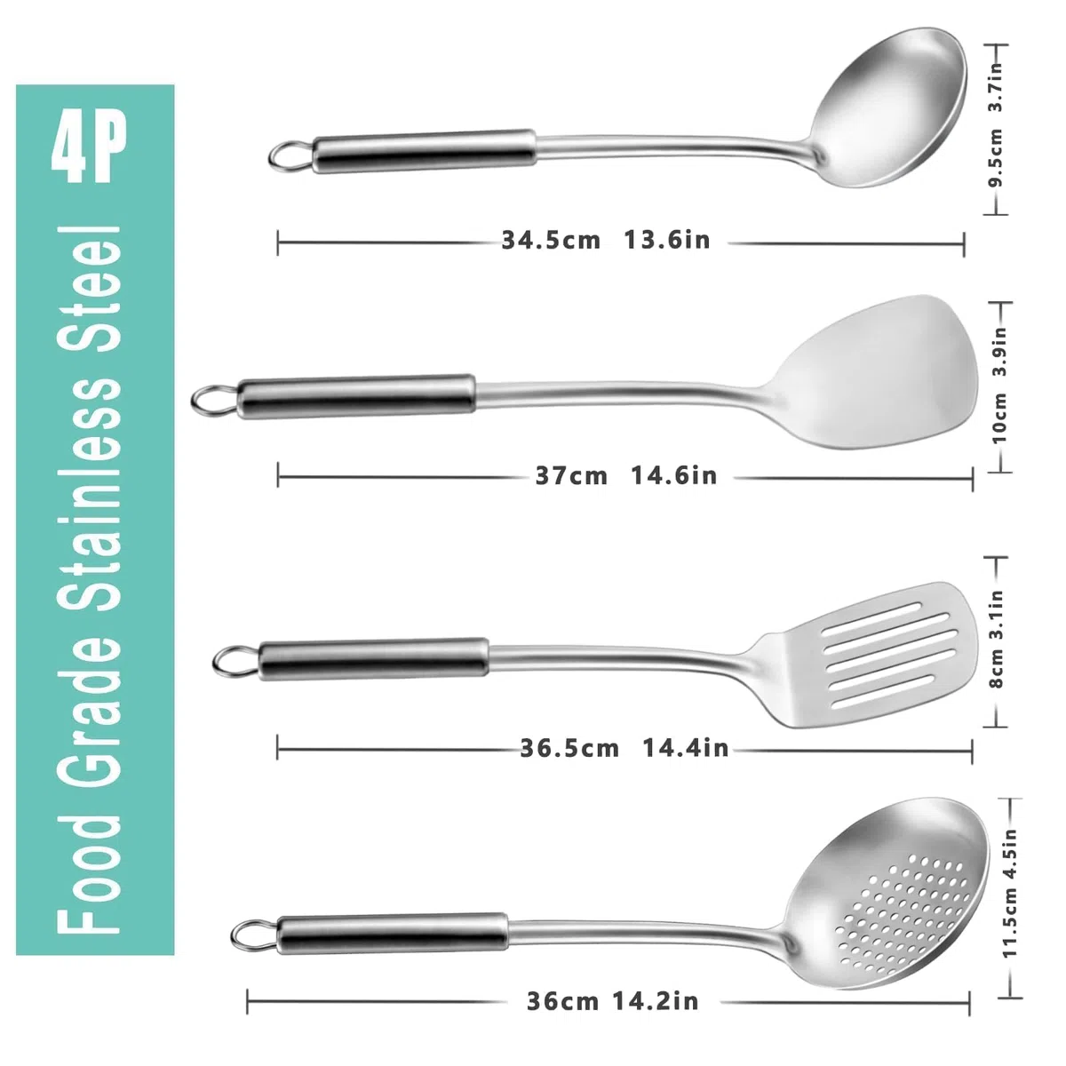 4P set utensilios de cocina, set acero inoxidable, utensilios de cocina y espumadera, espatula, cucharones y volteador ranurado