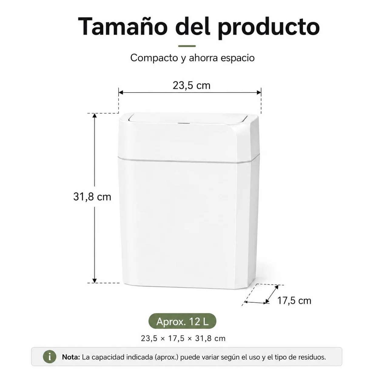 Cubo de basura automático de 12 l con sensor – Cubo de basura eléctrico con tapa para cocina, baño, inodoro – Resistente al agua y a los olores, diseño exclusivo de esquinas en blanco